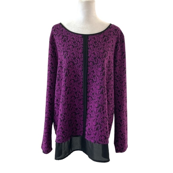Dana Buchman large blouse purple black  long sleeves damask - Picture 1 of 12